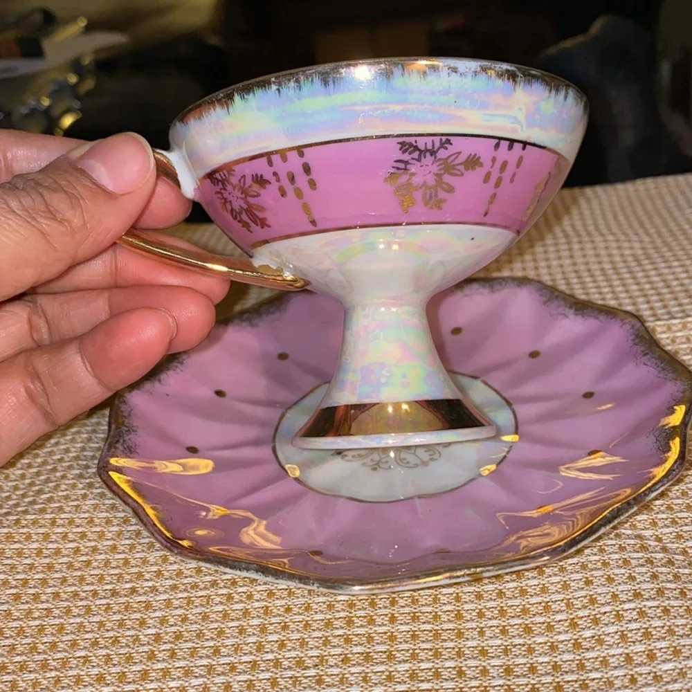 Vintage Royal Sealy China Japan Teacup Saucer Pink with Quails Gold Trim